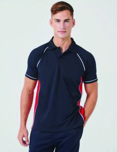 Finden and Hales LV370 performance piped polo in navy, white and red contrast on a male model