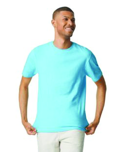 Gildan GD01 adult softstyle t-shirt in light blue on a male model