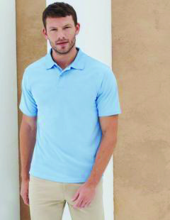 Henbury H475 light blue polo shirt on a male model