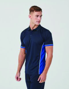 Finden and Hales LV355 Adults Panel polo in navy, white and royal contrast on a male model